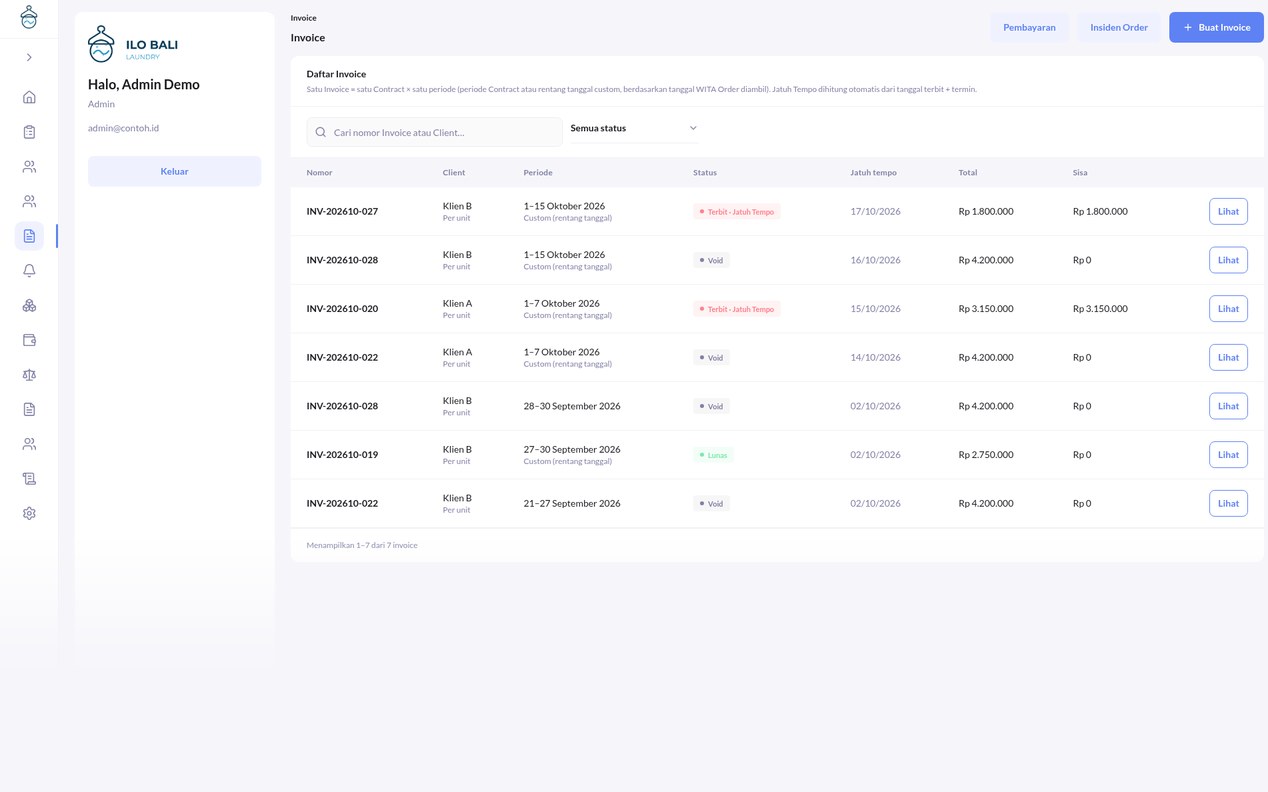 Ilo Bali Laundry invoice list with status, due date and balance (demo data)