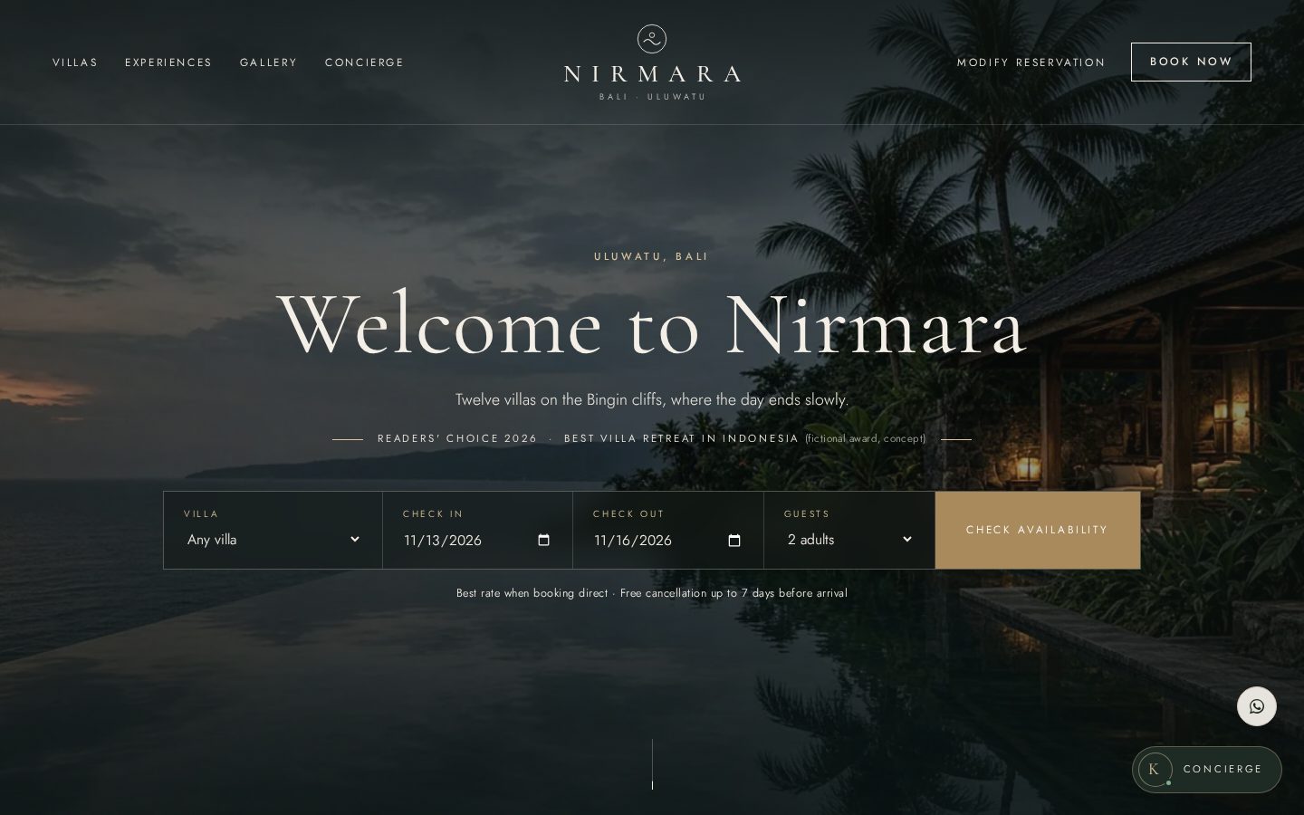 Nirmara Bali: A calm luxury villa website with a bilingual booking concierge