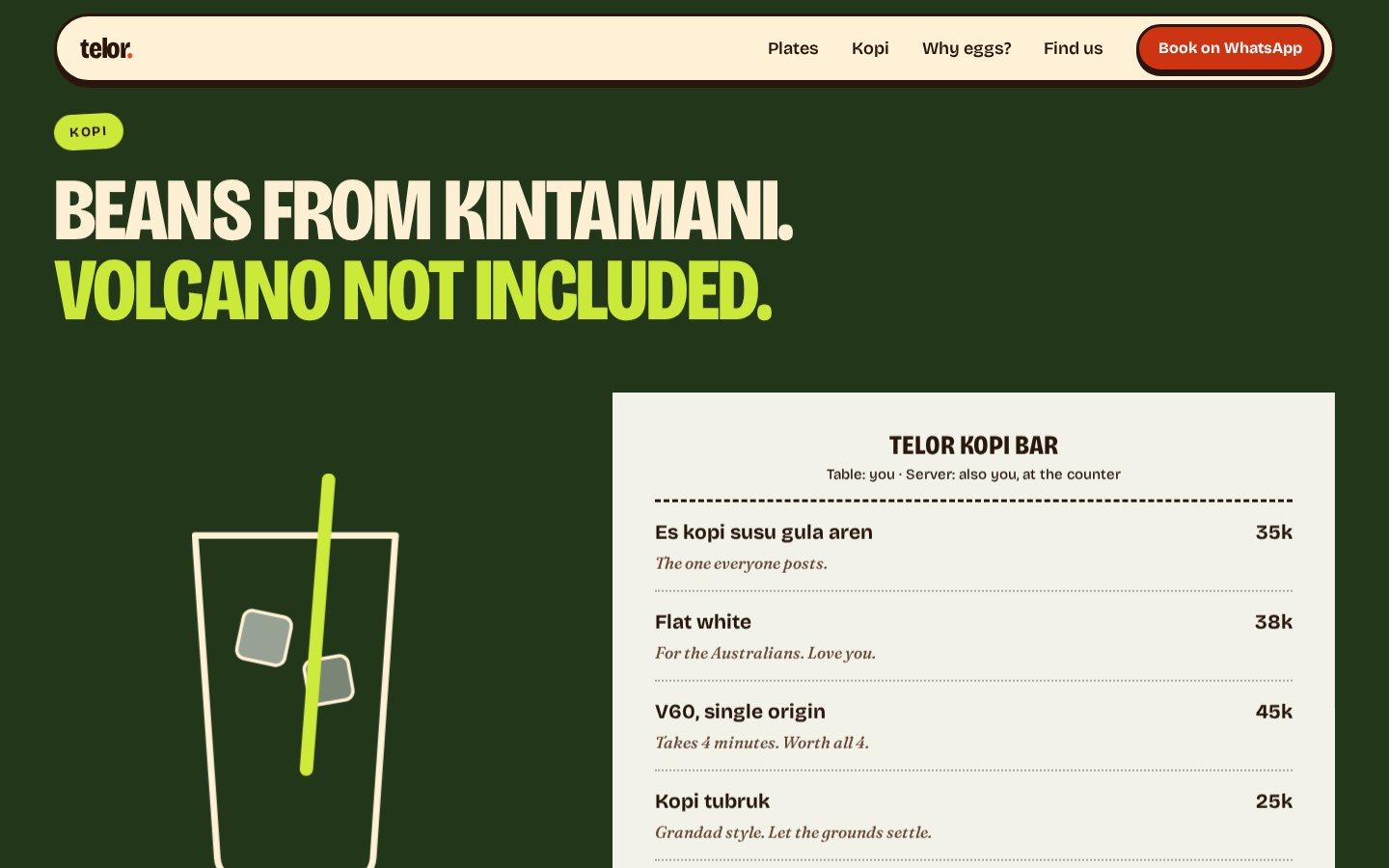 Bagian kopi bar Telor dengan menu minuman bergaya struk