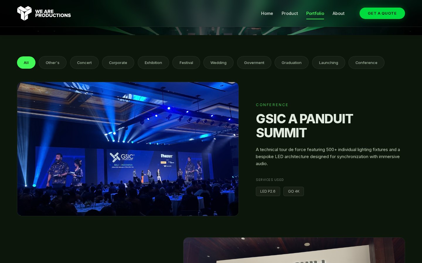 We Are Productions Bali portfolio page with events filtered by type